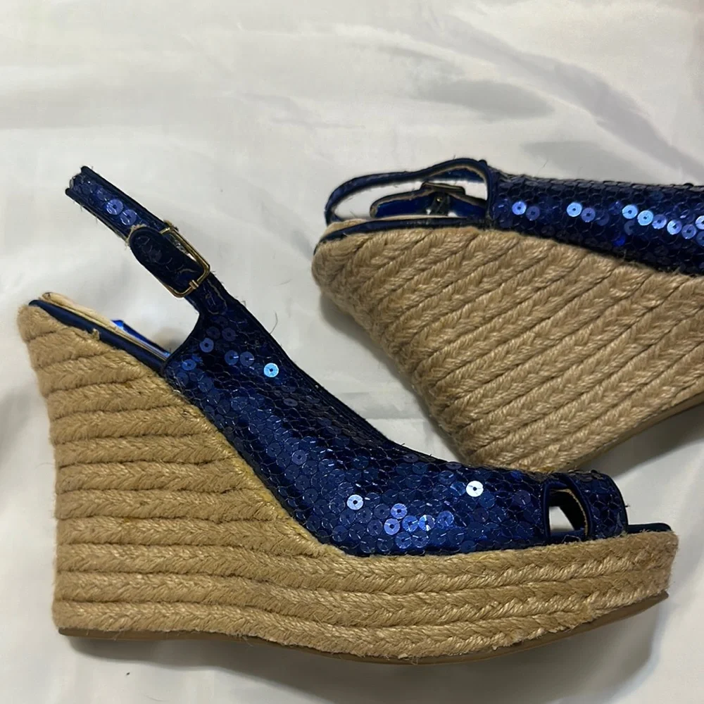 Blue Sequin Wedge Sandals Size‎ 9.5 Showoff Show Off